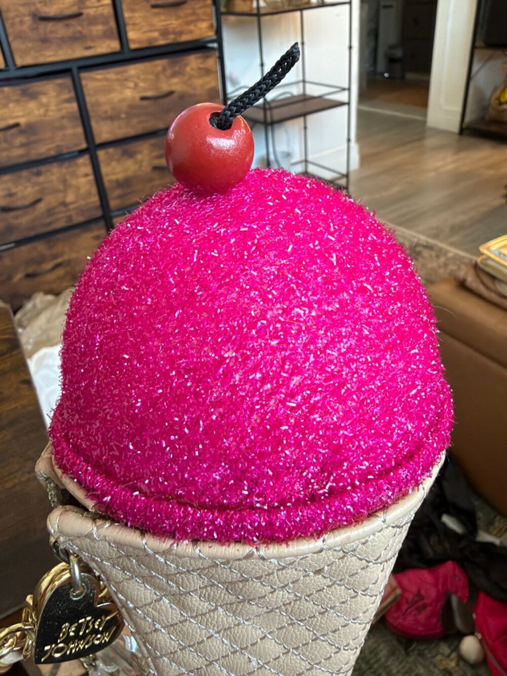 Betsey Johnson Pink Glitter Ice Cream Cone Cherry Top Chain Wristlet - Picture 3 of 4